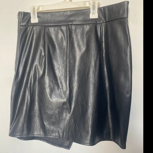Black Faux Leather Sexy Asymmetrical Wrap Skirt - Picture 4 of 5
